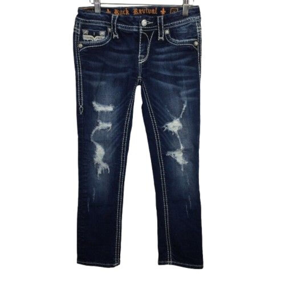 Rock Revival Women's Distressed Karla Capri Jeans Straight Leg Blue Size 26